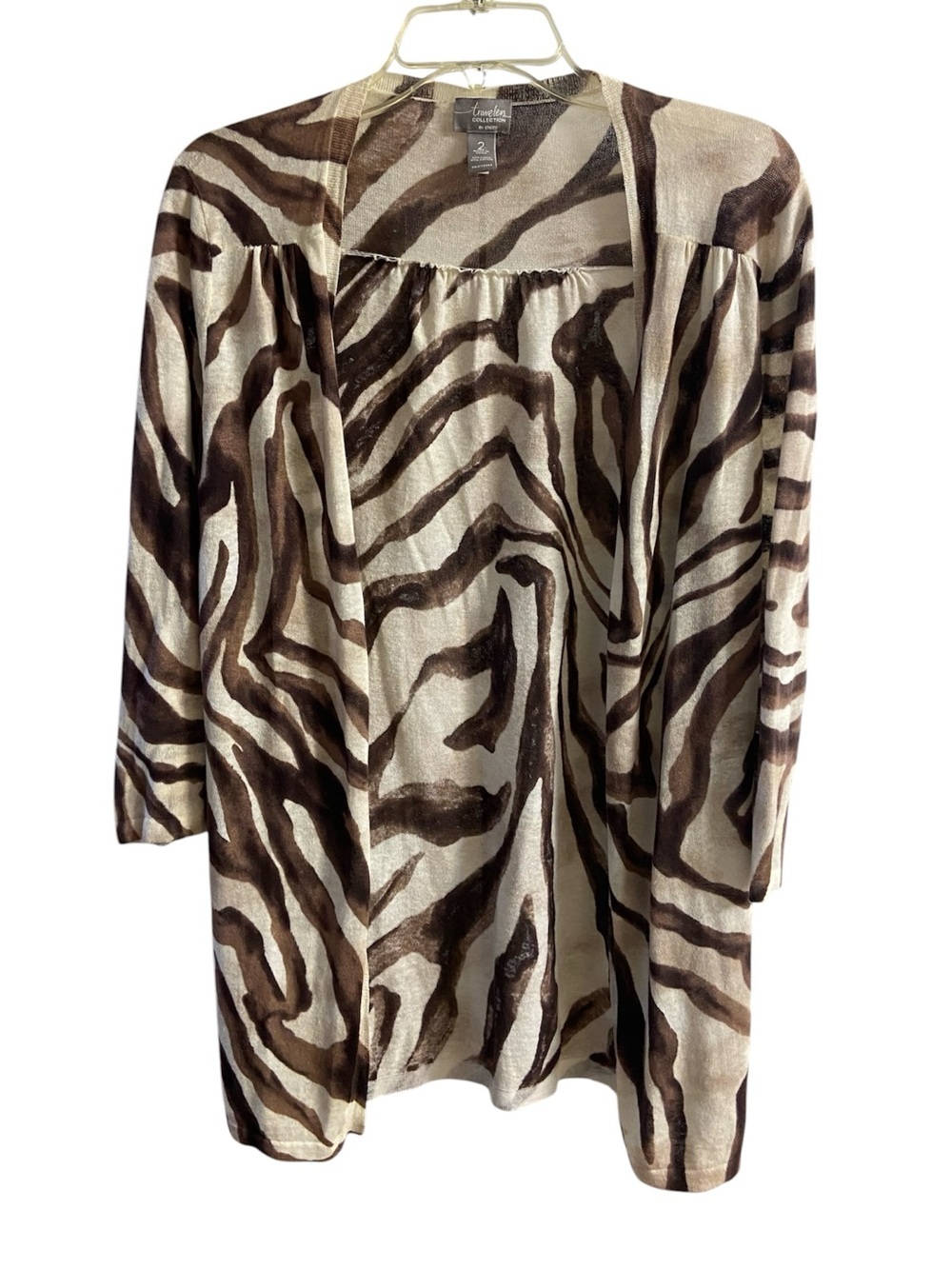 Chico’s Travelers knit cardigan 3/4 sleeves cream brown linen blend Large - Picture 1 of 5